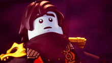 a lego character with a scarf around his neck and a sword