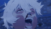 a person with white hair is making a funny face with their mouth open