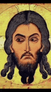 a painting of jesus with long hair and a beard .