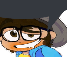 a close up of a cartoon character with glasses and a hat