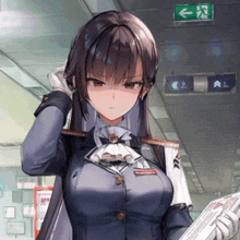 a girl in a military uniform is holding a newspaper in front of an exit sign