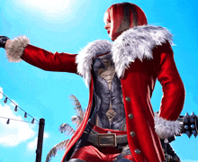 a woman in a red coat with a fur collar is standing in front of a blue sky
