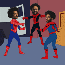 a cartoon of three men dressed as spider-man pointing at each other