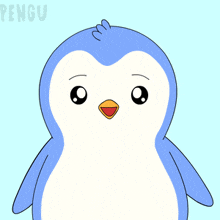 a blue penguin covering its eyes with its hands and the word pengu on the bottom right