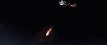 a video game character is flying through space