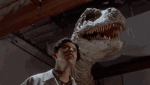 a man is looking up at a dinosaur with its mouth open .