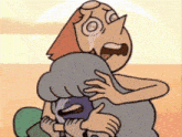 a cartoon of a woman hugging another woman with a shocked look on her face .