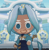 a cartoon character with blue hair and a crown on his head stands in front of a building