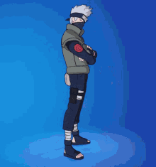 a cartoon character is kicking a blue box with a red scarf around his neck