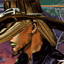 a close up of a person 's face in a video game with funny written in the corner