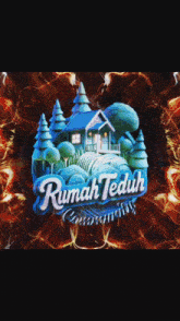 a logo for rumah teduh campfires with a house and trees in the background