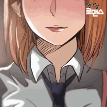 a close up of a woman 's face with korean writing on the bottom left
