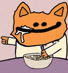 a cartoon cat eating cereal with a spoon
