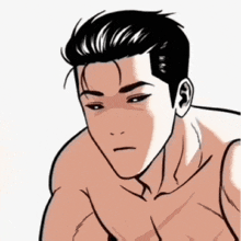 a drawing of a shirtless man with a serious expression on his face