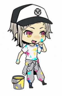 a cartoon character wearing a hat and holding a bucket of paint .