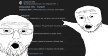 a black and white drawing of a man pointing at a page that says deepwoken wiki fandom