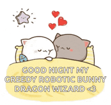 a couple of cats laying in bed with hearts and the words `` good night my greedy robotic bunny dragon wizard '' .