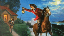 a painting of a man riding a horse with a lantern in his hand