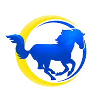 a blue horse running in a yellow circle
