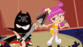 a cartoon of a girl holding a microphone next to a ninja