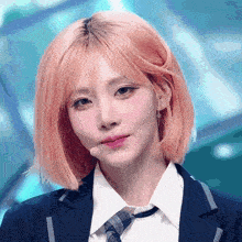 a girl with pink hair is wearing a school uniform