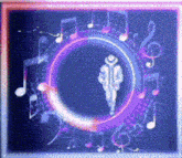 a man in a hat is in a circle with music notes around him