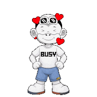 a cartoon character wearing a shirt that says busy on it