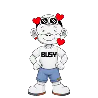 a cartoon character wearing a shirt that says busy on it