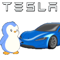 a penguin standing next to a blue tesla