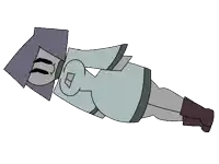 a cartoon character is laying on its back with a purple head