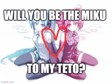 a couple of anime girls are sitting next to each other with a heart in the middle .