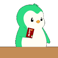 a green and white penguin is holding a red agw card