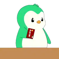 a green and white penguin is holding a red agw card