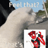 a white cat with a picture of a devil and the words feel that that 's clickeo.com
