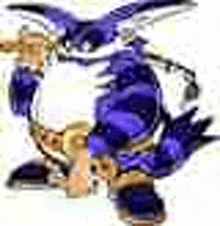 a cartoon drawing of a purple bird flying around a person .