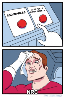 a cartoon of a man pressing a button that says " add impress "