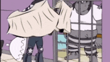 a cartoon character is holding a piece of paper in front of a prisoner behind bars .