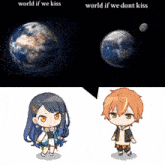 a girl and a boy are standing next to each other with the words world if we kiss and world if we dont kiss below them