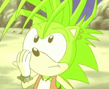 a cartoon of a green hedgehog covering his face with his hand