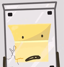 a cartoon drawing of a broken glass container with a yellow sticky note on it .