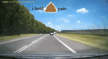 a car is driving down a highway with a picture of a poop and the words " i hold pain " above it