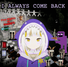 a girl in a shark hoodie with the words i always come back