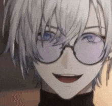 a close up of a anime boy wearing glasses and smiling .