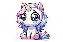 a cute unicorn is crying and sitting down with tears coming out of its eyes .