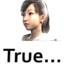 a woman 's face is behind the words true on a white background