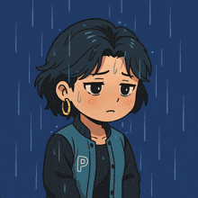 a cartoon drawing of a girl wearing a blue jacket with the letter p on it