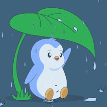 a cartoon of a penguin holding a green leaf in the rain with the word pengy on the bottom
