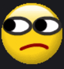a pixel art of a yellow smiley face with black eyes and a red mouth .