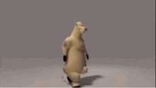 a cartoon bear is standing on a gray surface and spraying something .