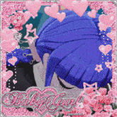 a girl with blue hair is surrounded by pink hearts and the word baby girl